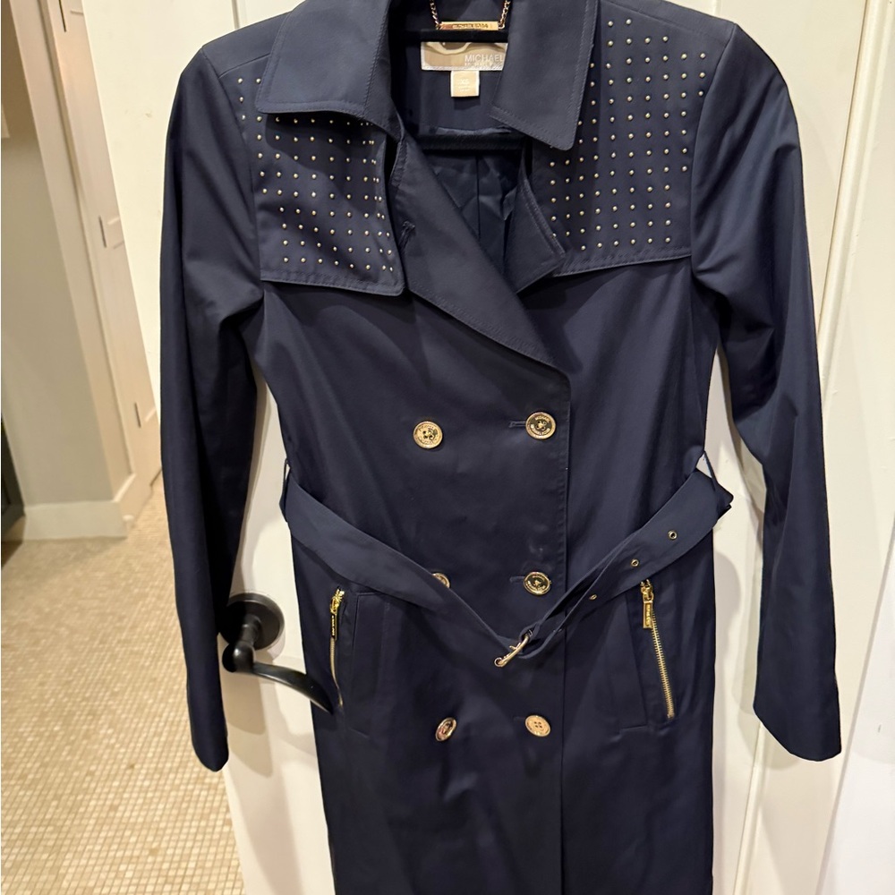 Michael Kors Navy Trench Coat with Gold Accents